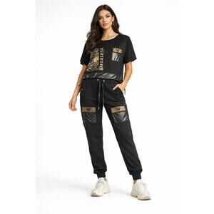 Black Two-Piece Jogger Set Rhinestone Tiger Graphic Gold Faux Leather Pockets